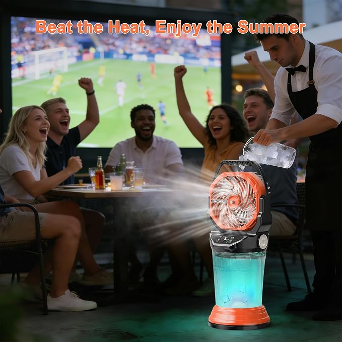 Portable Misting Fan Rechargeable Outdoor Camping Mist Fans with 2L Ice Water Tank, 4 Speeds, RGB Light, Timer & Flashlight