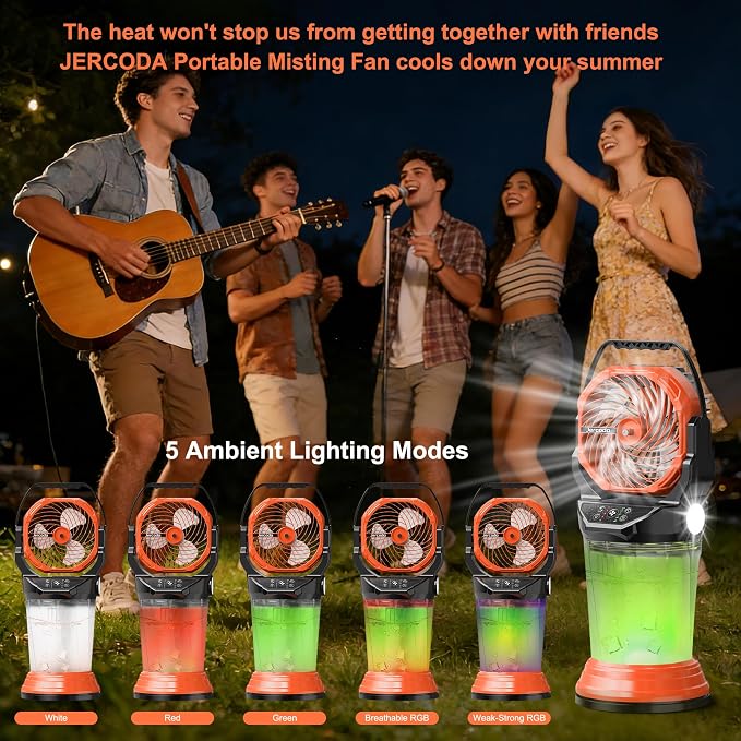 Portable Misting Fan Rechargeable Outdoor Camping Mist Fans with 2L Ice Water Tank, 4 Speeds, RGB Light, Timer & Flashlight