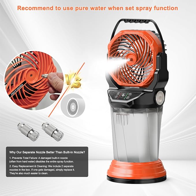 Portable Misting Fan Rechargeable Outdoor Camping Mist Fans with 2L Ice Water Tank, 4 Speeds, RGB Light, Timer & Flashlight