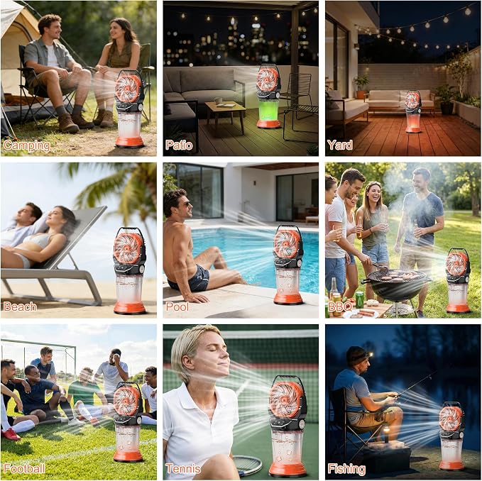 Portable Misting Fan Rechargeable Outdoor Camping Mist Fans with 2L Ice Water Tank, 4 Speeds, RGB Light, Timer & Flashlight