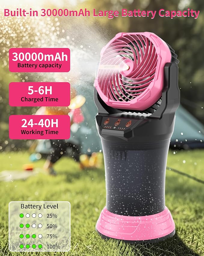 Portable Misting Fan with Large Battery Fan-Rechargeable Outdoor Misting Cooling Fans with 2L Water Tank,RGB Lights,4 Speeds