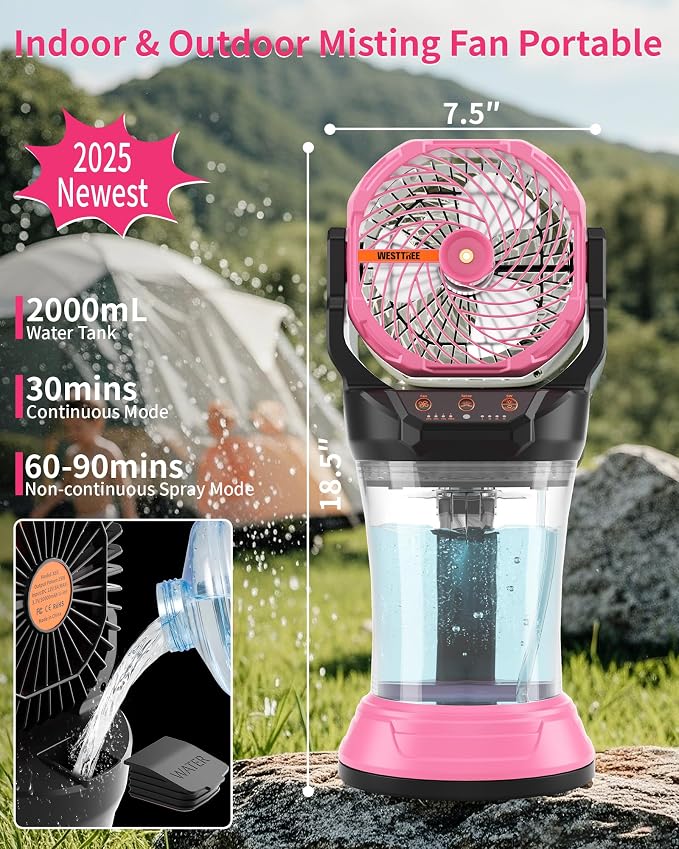 Portable Misting Fan with Large Battery Fan-Rechargeable Outdoor Misting Cooling Fans with 2L Water Tank,RGB Lights,4 Speeds