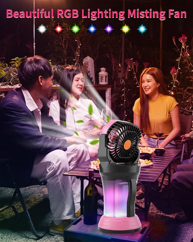 Portable Misting Fan with Large Battery Fan-Rechargeable Outdoor Misting Cooling Fans with 2L Water Tank,RGB Lights,4 Speeds