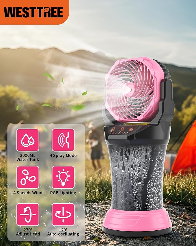 Portable Misting Fan with Large Battery Fan-Rechargeable Outdoor Misting Cooling Fans with 2L Water Tank,RGB Lights,4 Speeds