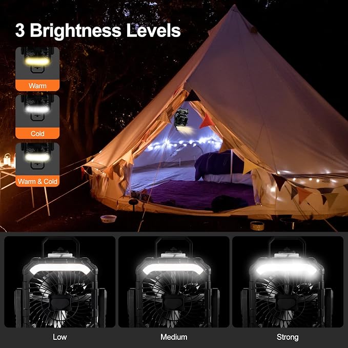 Portable Misting Fan with Light, 30000mAh Rechargeable Battery Camping Fan with 2 Spray Mister, Outdoors Tent Ventilador with