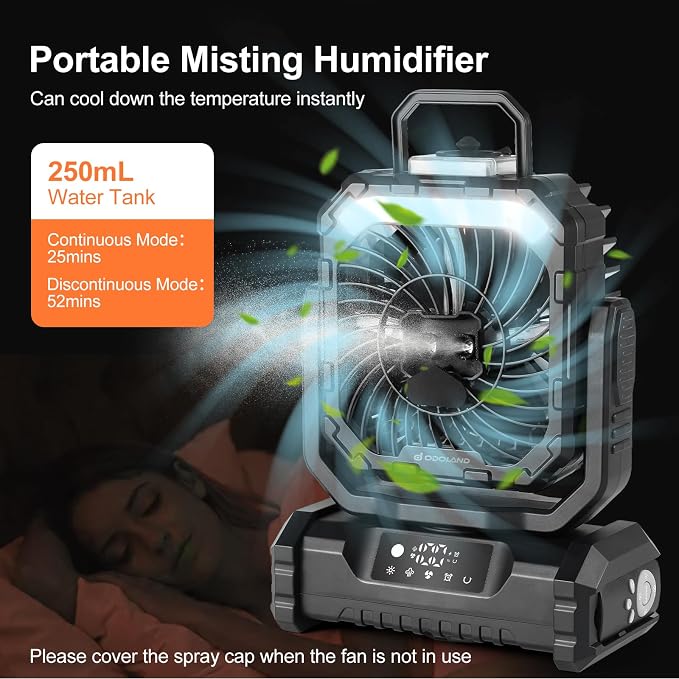 Portable Misting Fan with Light, 30000mAh Rechargeable Battery Camping Fan with 2 Spray Mister, Outdoors Tent Ventilador with