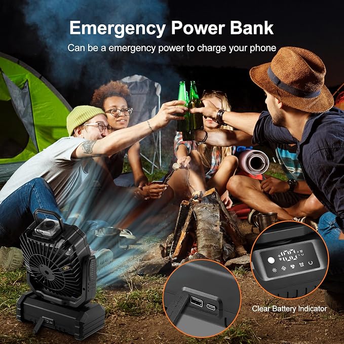 Portable Misting Fan with Light, 30000mAh Rechargeable Battery Camping Fan with 2 Spray Mister, Outdoors Tent Ventilador with
