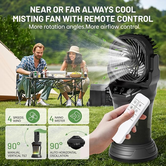 Portable Misting Fan with Remote & 30000mAh Rechargeable Misting Fans for Outside Patios Camping Beach &, alternate view 3
