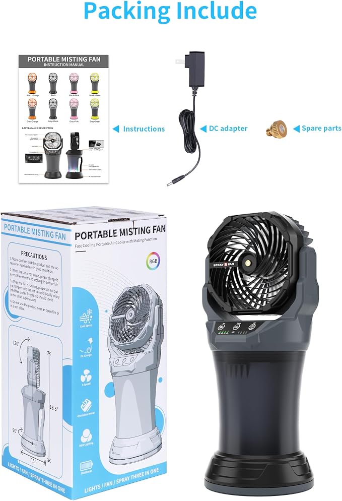 Portable Misting Fan with RGB Ambient Light- 2L Water Tank, 4 Speeds & Spray Mist Fan, 30000mAh Rechargeable Misting Fans for