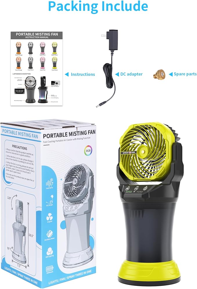 Portable Misting Fan with RGB Ambient Light- 2L Water Tank, 4 Speeds & Spray Mist Fan, 30000mAh Rechargeable Misting Fans for