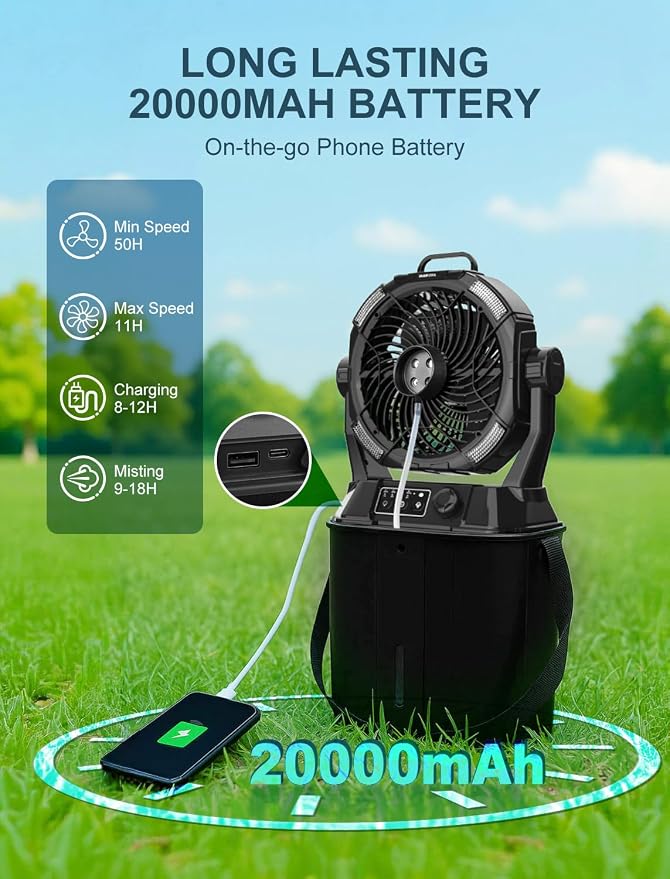 Portable Misting Fans - 6L Water Tank, 20000mAh Rechargeable Outside Water Fans with Remote Control, LED Light, alternate