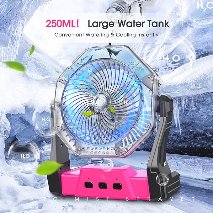 Portable Misting Fans, [Max 35H Runtime] Pink Outdoor Cooling Fan for Patios, 8 Inch Battery Operated Rechargeable Fans