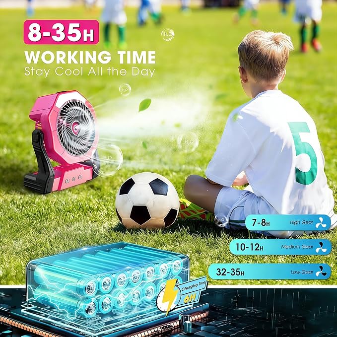 Portable Misting Fans, [Max 35H Runtime] Pink Outdoor Cooling Fan for Patios, 8 Inch Battery Operated Rechargeable Fans