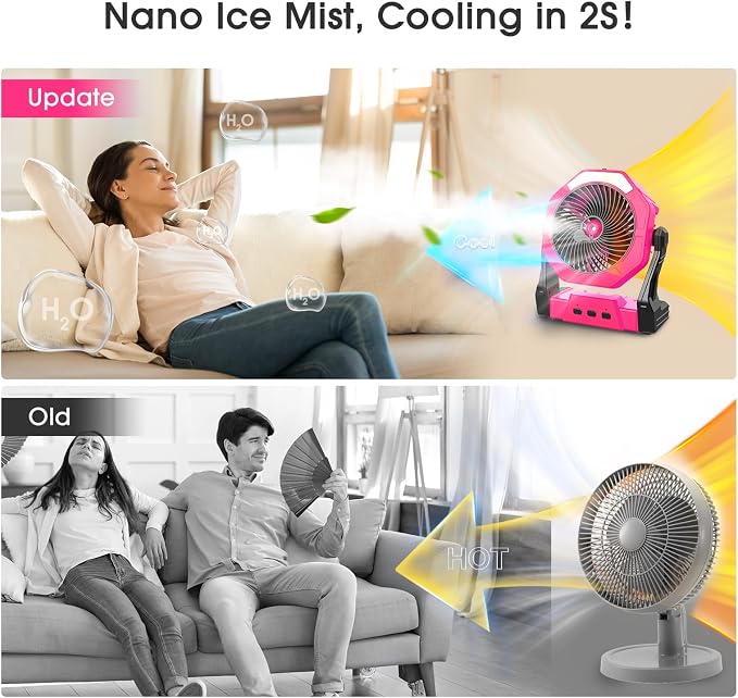Portable Misting Fans, [Max 35H Runtime] Pink Outdoor Cooling Fan for Patios, 8 Inch Battery Operated Rechargeable Fans