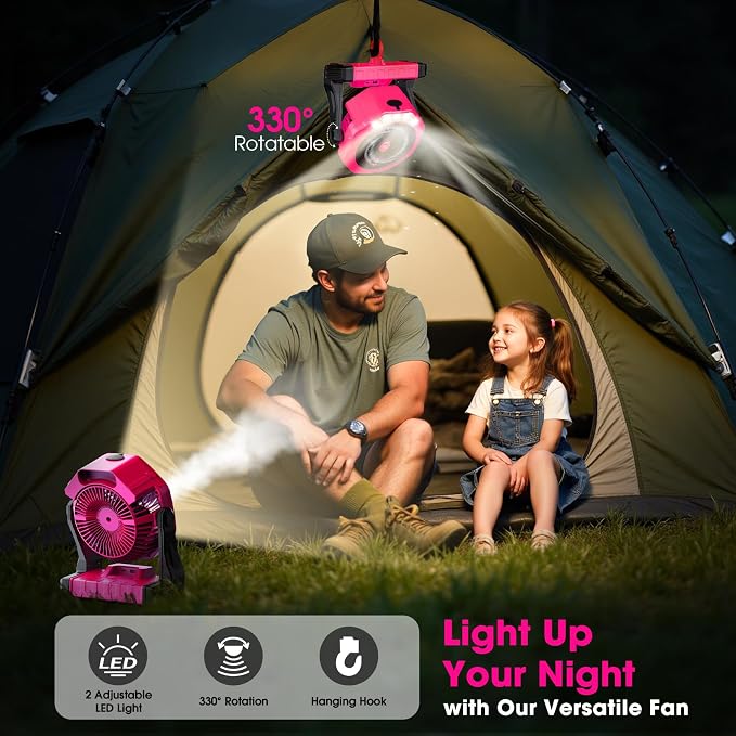 Portable Misting Fans, [Max 35H Runtime] Pink Outdoor Cooling Fan for Patios, 8 Inch Battery Operated Rechargeable Fans