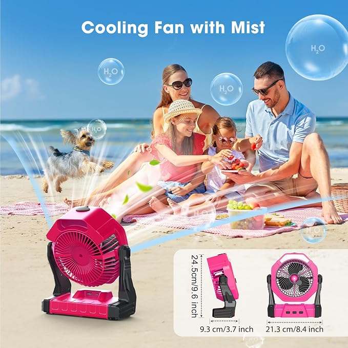 Portable Misting Fans, [Max 35H Runtime] Pink Outdoor Cooling Fan for Patios, 8 Inch Battery Operated Rechargeable Fans