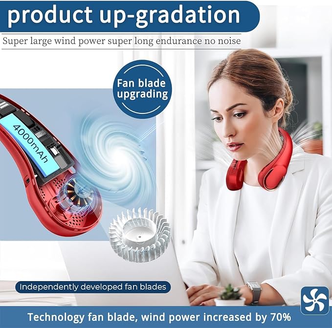 Portable Neck Fan, Bladeless Neck Fan, USB Rechargeable Personal Fan, 4000 mAh Battery Operated Fan, 3 Speeds