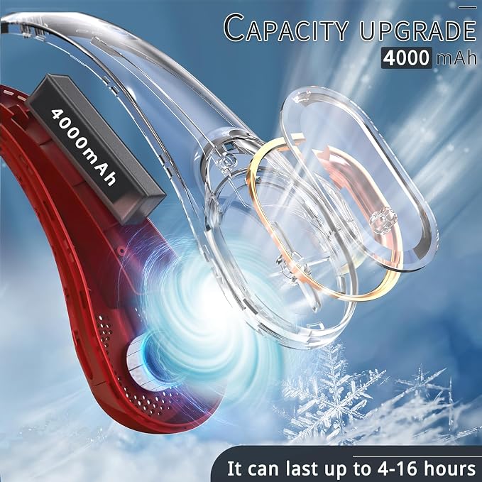 Portable Neck Fan, Bladeless Neck Fan, USB Rechargeable Personal Fan, 4000 mAh Battery Operated Fan, 3 Speeds