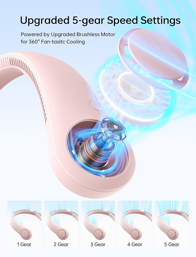 Portable Neck Fan, Hands-Free Bladeless, 5 Speeds, 4000 mAh Battery Operated Wearable Personal Fan, Twistable, Rechargeable