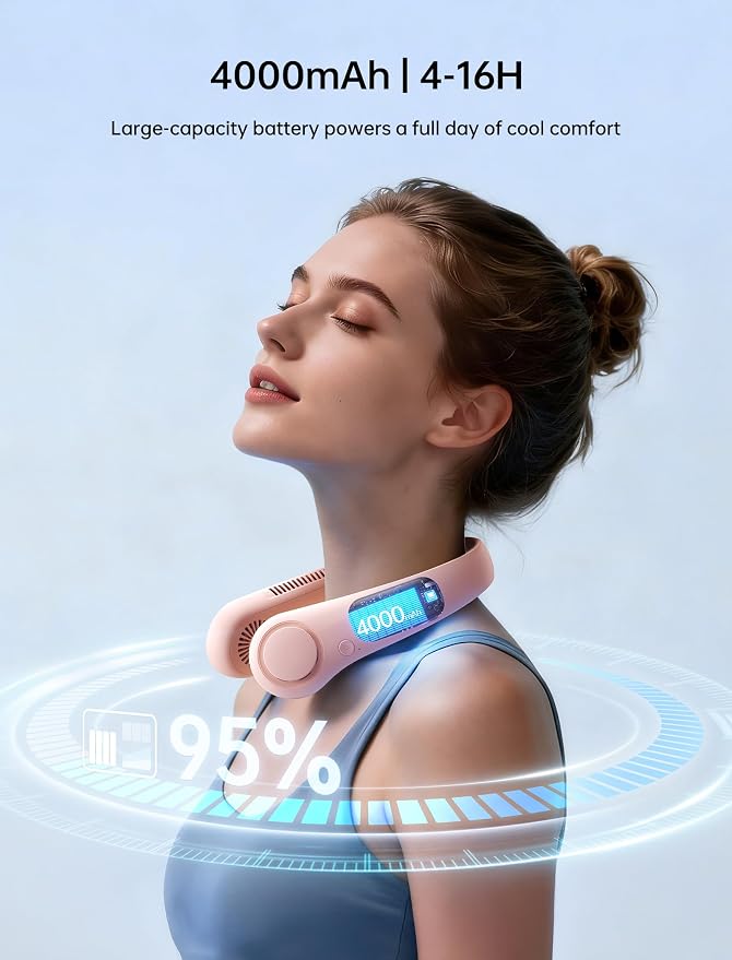 Portable Neck Fan, Hands-Free Bladeless, 5 Speeds, 4000 mAh Battery Operated Wearable Personal Fan, Twistable, Rechargeable