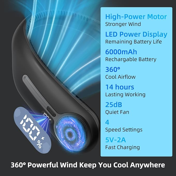 Portable Neck Fan,Hands Free Personal Wearable Bladeless Fan,6000mAh USB Rechargeable,360° Cooling,LED