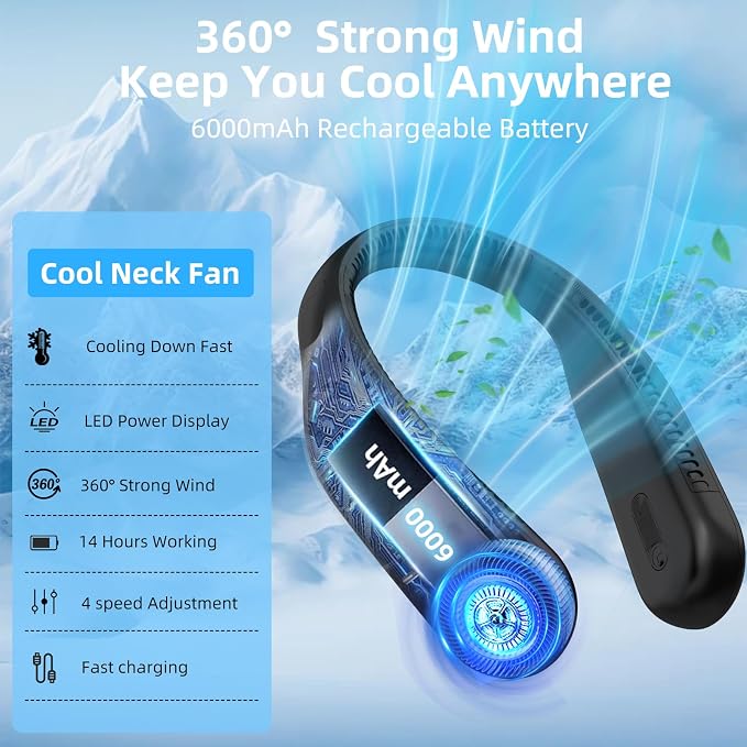 Portable Neck Fan,Hands Free Personal Wearable Bladeless Fan,6000mAh USB Rechargeable,360° Cooling,LED