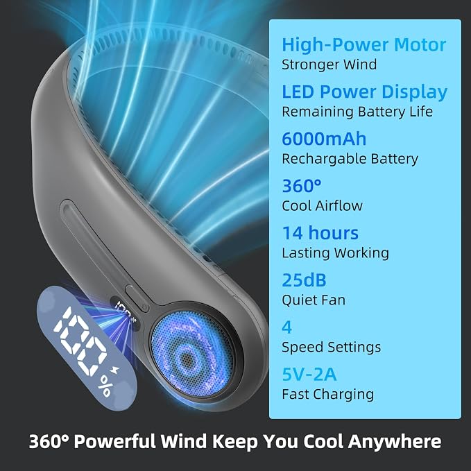 Portable Neck Fan,Hands Free Personal Wearable Bladeless Fan,6000mAh USB Rechargeable,360° Cooling,LED