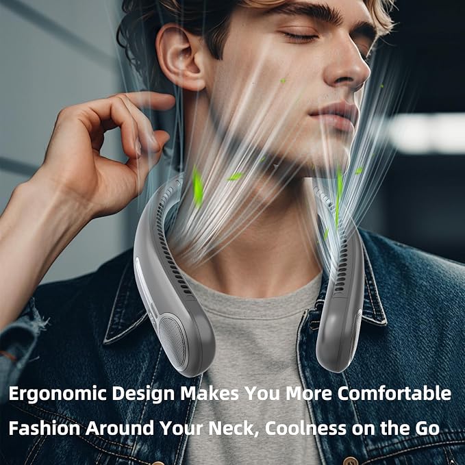 Portable Neck Fan,Hands Free Personal Wearable Bladeless Fan,6000mAh USB Rechargeable,360° Cooling,LED
