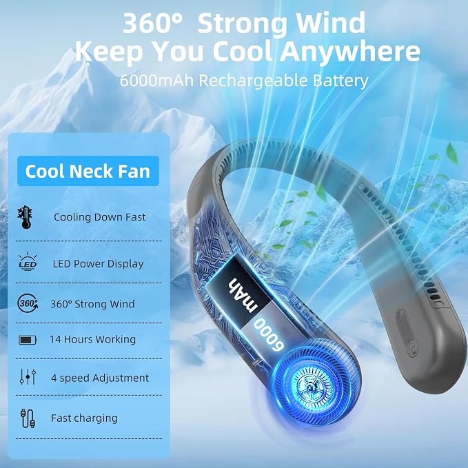 Portable Neck Fan,Hands Free Personal Wearable Bladeless Fan,6000mAh USB Rechargeable,360° Cooling,LED
