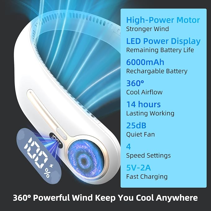Portable Neck Fan,Hands Free Personal Wearable Bladeless Fan,6000mAh USB Rechargeable,360° Cooling,LED