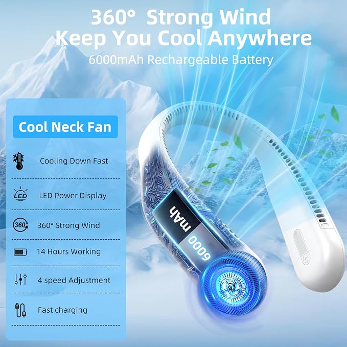 Portable Neck Fan,Hands Free Personal Wearable Bladeless Fan,6000mAh USB Rechargeable,360° Cooling,LED