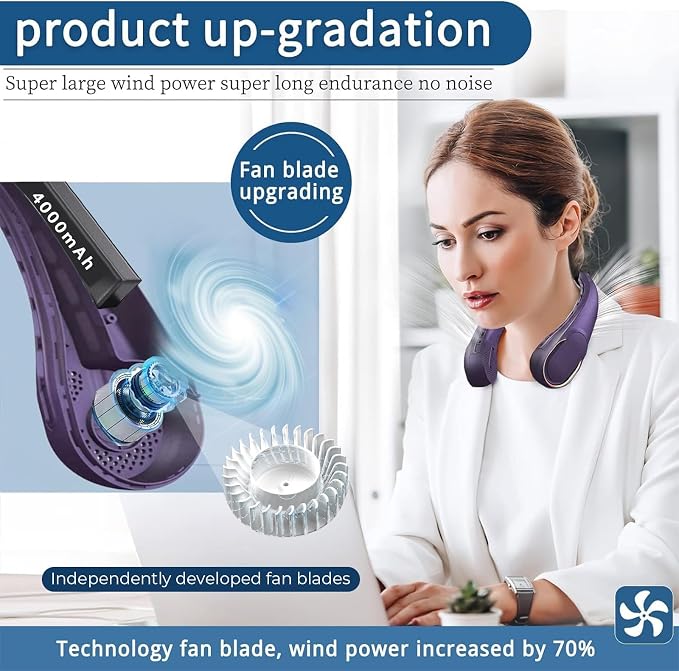 Portable Neck Fan, Neck Fans for Men, 4000 mAh Rechargeable Personal Fan,360° Hands Free Bladeless Fan, 3 Speeds Adjustable