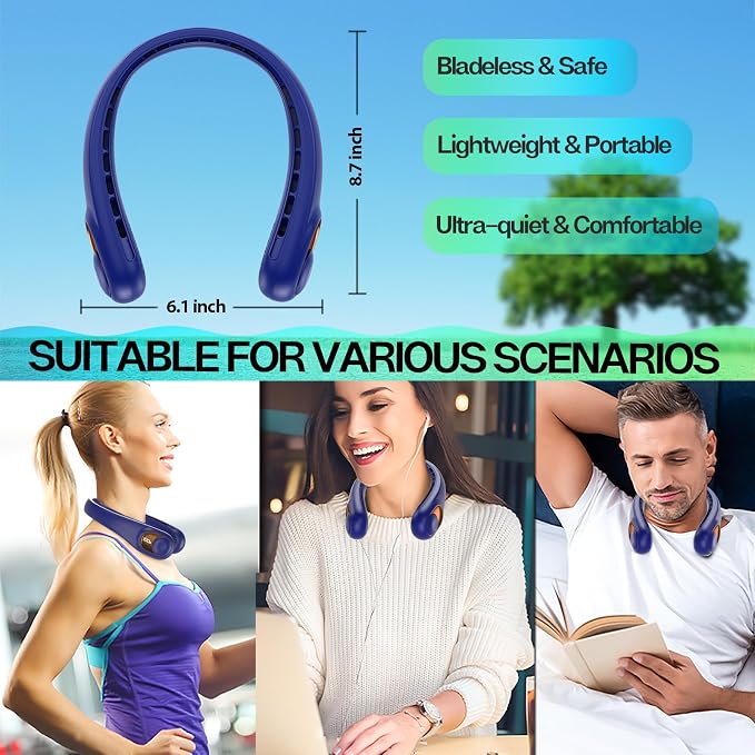Portable Neck Fan, Personal Bladeless Rechargeable, Upgraded 4000mAh Battery & 360° Surrounding Air Outlet, Increase Air