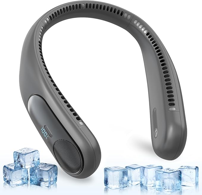 Portable Neck Fan,Personal Wearable Bladeless Quiet Fan,LED Display,360° Cooling,4-Speeds,6000mAh USB Quick Charge,Long