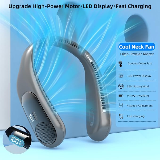 Portable Neck Fan,Personal Wearable Bladeless Quiet Fan,LED Display,360° Cooling,4-Speeds,6000mAh USB Quick Charge,Long