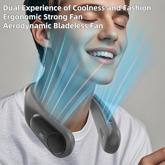 Portable Neck Fan,Personal Wearable Bladeless Quiet Fan,LED Display,360° Cooling,4-Speeds,6000mAh USB Quick Charge,Long