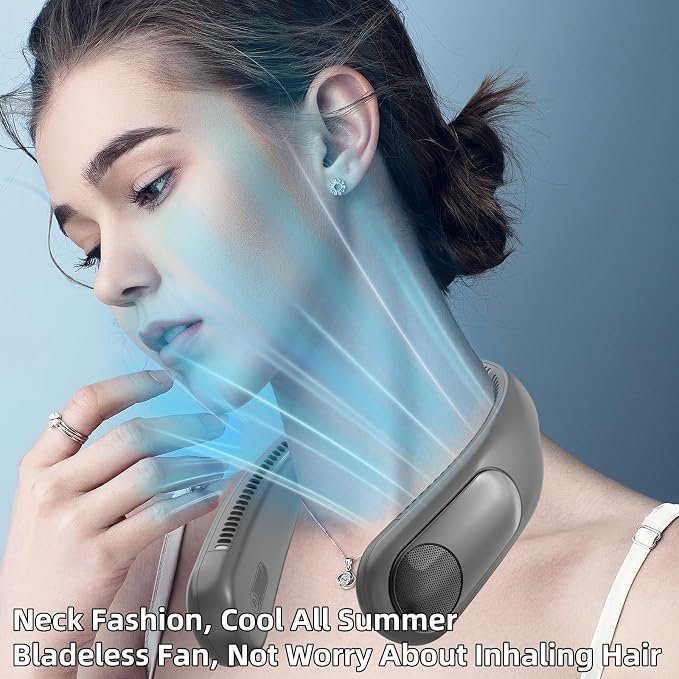 Portable Neck Fan,Personal Wearable Bladeless Quiet Fan,LED Display,360° Cooling,4-Speeds,6000mAh USB Quick Charge,Long