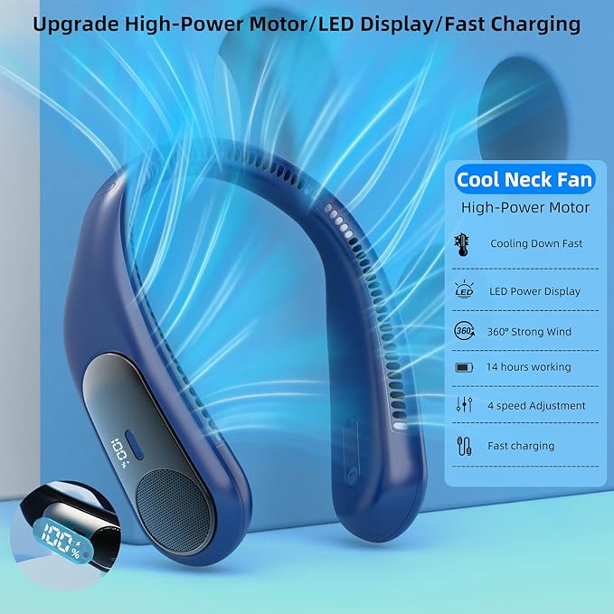 Portable Neck Fan,Personal Wearable Bladeless Quiet Fan,LED Display,360° Cooling,4-Speeds,6000mAh USB Quick Charge,Long