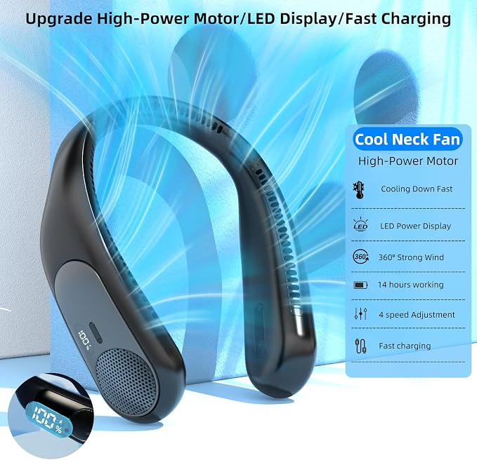 Portable Neck Fan,Personal Wearable Bladeless Quiet Fan,LED Display,360° Cooling,4-Speeds,6000mAh USB Quick Charge,Long