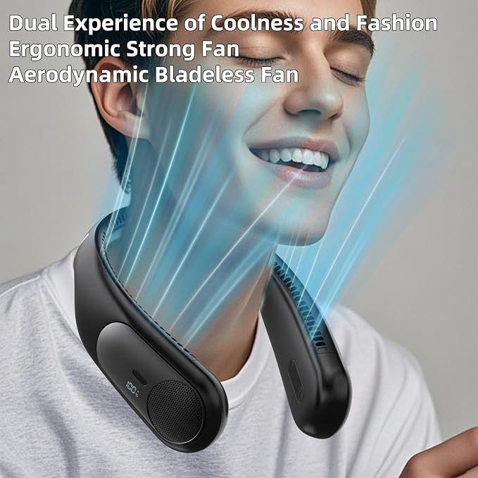 Portable Neck Fan,Personal Wearable Bladeless Quiet Fan,LED Display,360° Cooling,4-Speeds,6000mAh USB Quick Charge,Long