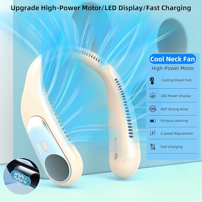 Portable Neck Fan,Personal Wearable Bladeless Quiet Fan,LED Display,360° Cooling,4-Speeds,6000mAh USB Quick Charge,Long