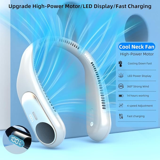 Portable Neck Fan,Personal Wearable Bladeless Quiet Fan,LED Display,360° Cooling,4-Speeds,6000mAh USB Quick Charge,Long