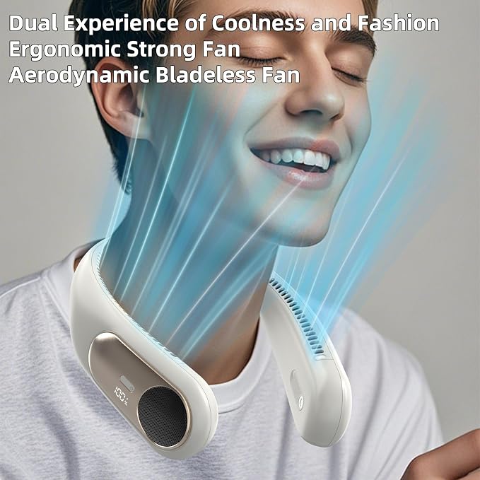 Portable Neck Fan,Personal Wearable Bladeless Quiet Fan,LED Display,360° Cooling,4-Speeds,6000mAh USB Quick Charge,Long
