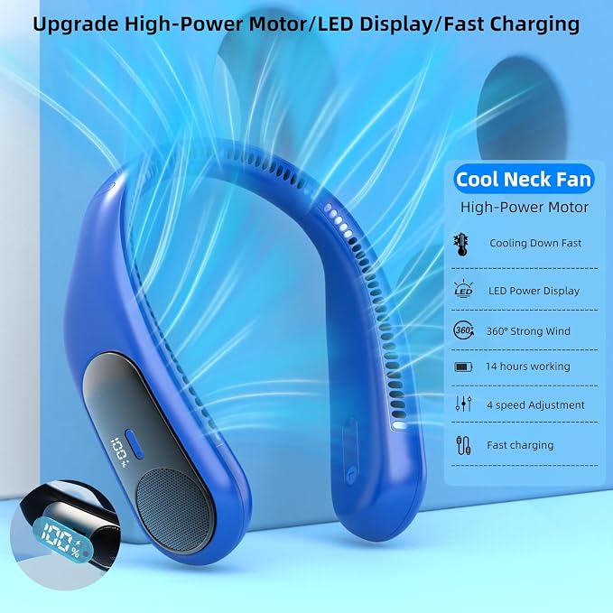 Portable Neck Fan, Personal Wearable Bladeless Quiet Fan, LED Display,360° Cooling,4-Speeds,6000mAh USB Quick, alternate view