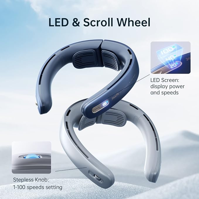 Portable Neck Fan Pro, 100 Speeds Bladeless, Stepless Knob, LED Display, 5000mAh Rechargeable Personal Fan, Mini Hands Free