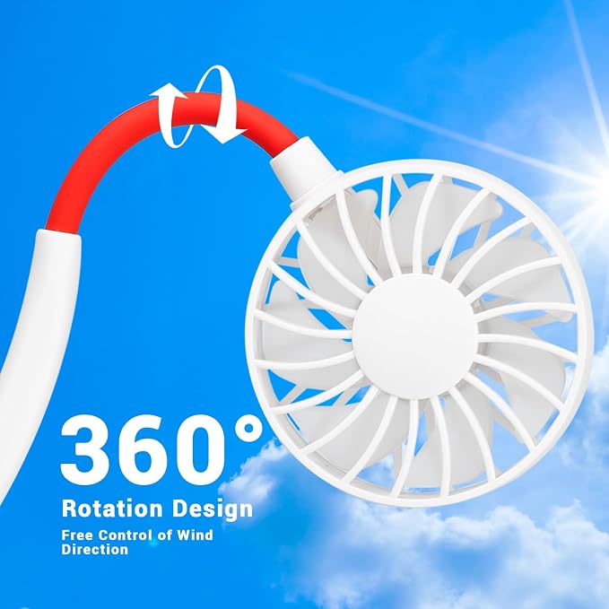 Portable Neck Fan Rechargeable Personal Hand-Free Fan Mini USB Wearable Neckband Sport Fan, 3 Speed Adjustable, 360 Degrees