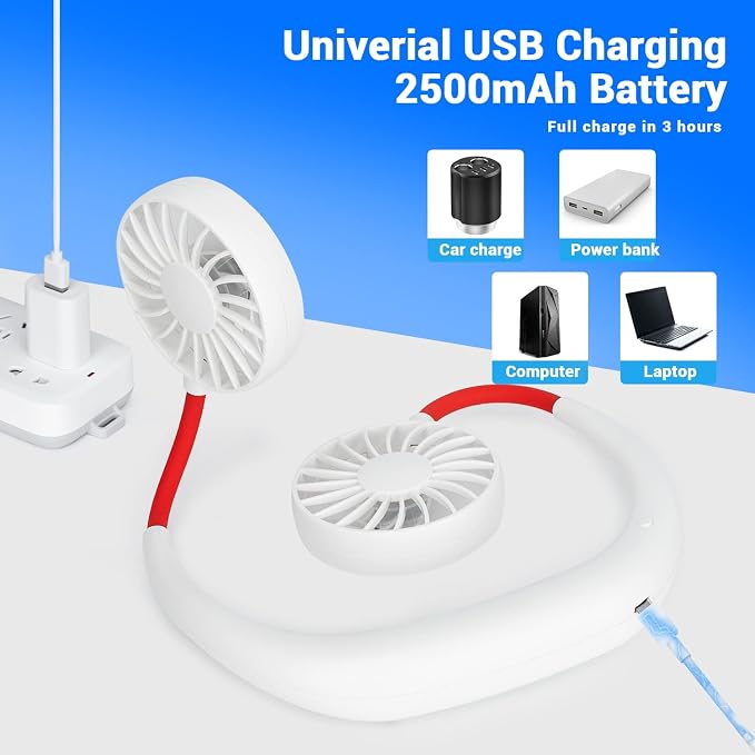 Portable Neck Fan Rechargeable Personal Hand-Free Fan Mini USB Wearable Neckband Sport Fan, 3 Speed Adjustable, 360 Degrees