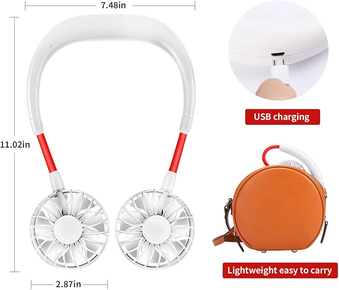 Portable Neck Fan Rechargeable Personal Hand-Free Fan Mini USB Wearable Neckband Sport Fan, 3 Speed Adjustable, 360 Degrees