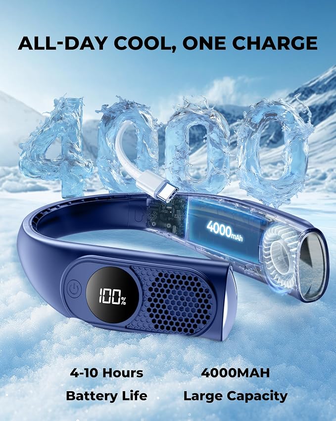Portable Neck Fans that Blow Cold Air, Wearable Bladeless Neck Fan, Rechargeable 360°Personal Fan Neck Cooler, 3-Speed, LED