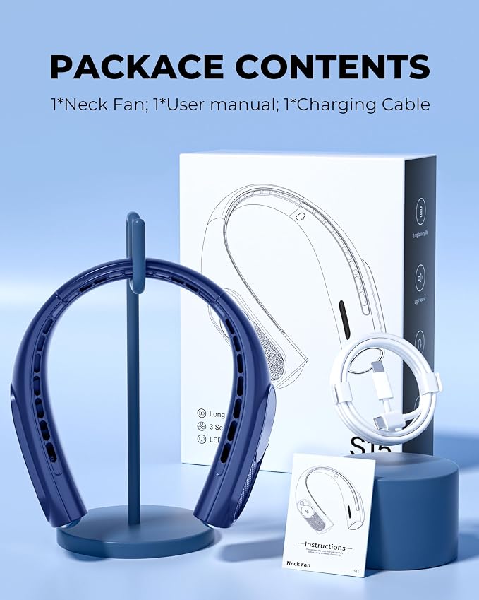 Portable Neck Fans that Blow Cold Air, Wearable Bladeless Neck Fan, Rechargeable 360°Personal Fan Neck Cooler, 3-Speed, LED